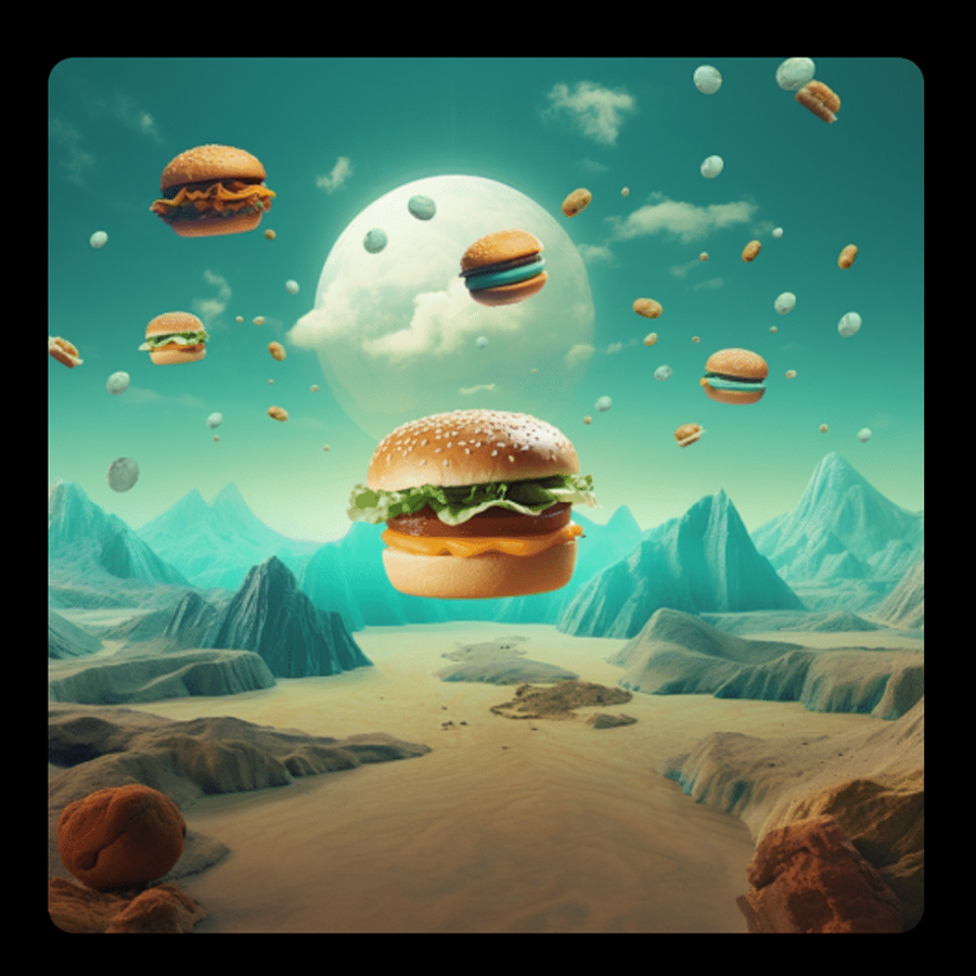 Burgers floating in a teal sky on an alien planet