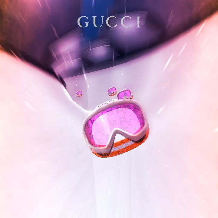 Gucci Apres Ski pink goggles on the virtual race track